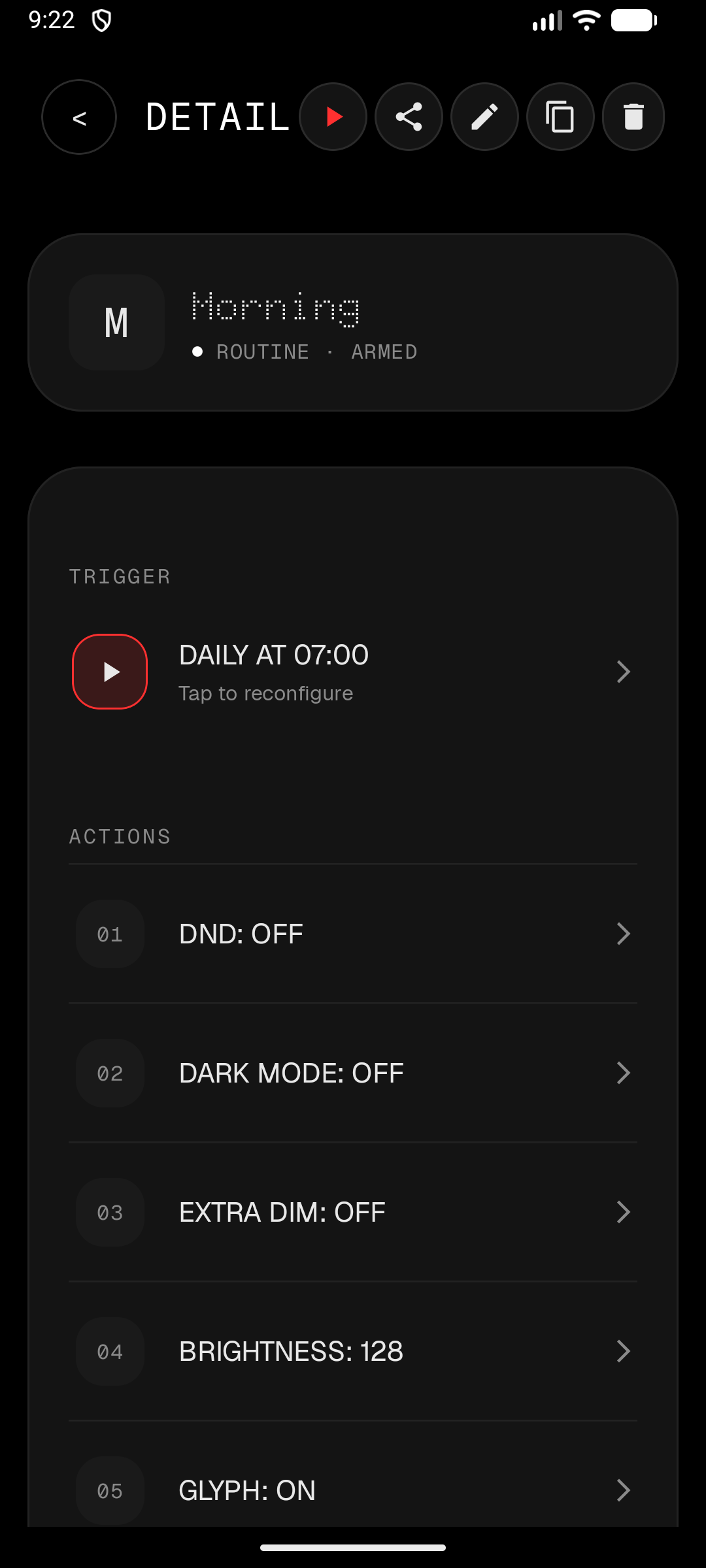 Mode detail screen showing persistent state configuration